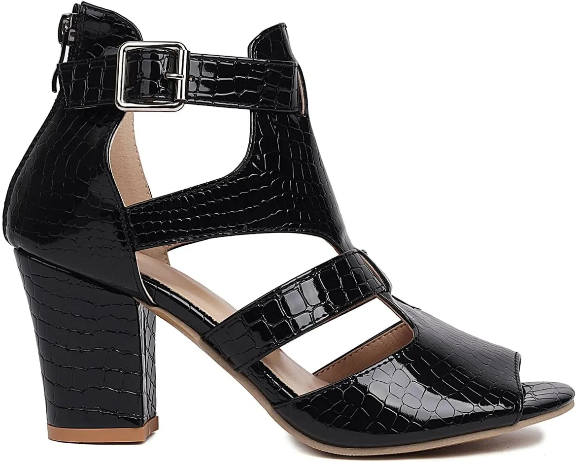 MOOMMO Women Chunky Heel Booties Open Toe Cutout Bow Suede Sandal Booties 3" Block High Heels Round Peep Toe Ankle T-strap Sandals Caged Mesh Buckle Crocodile Summer Booties Strappy Dressy 5-10 M US