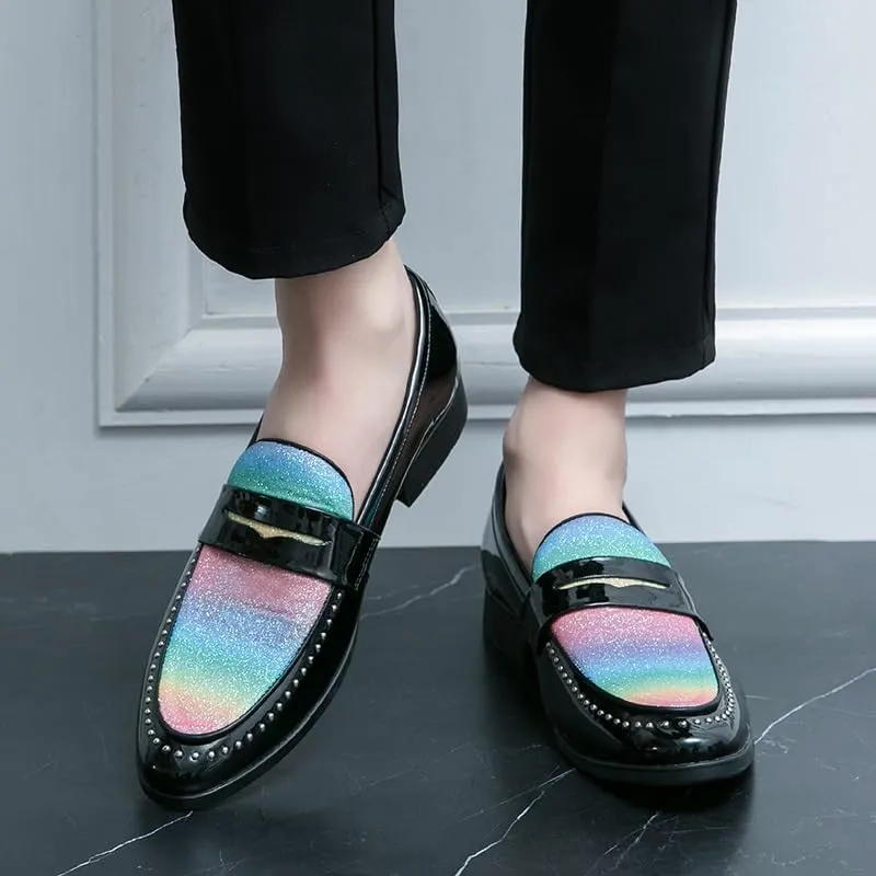 New Dress Formal Shoes for Men Slip On Pointed Toe Two Tone Faux Leather Studs Decoration Apron Toe Penny Loafer Rubber Sole Anti-Slip Non Slip Working