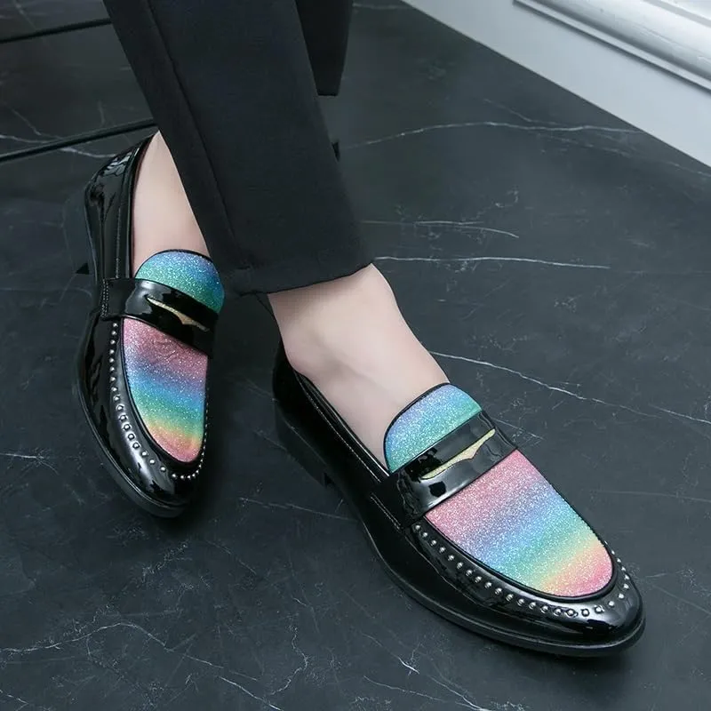 New Dress Formal Shoes for Men Slip On Pointed Toe Two Tone Faux Leather Studs Decoration Apron Toe Penny Loafer Rubber Sole Anti-Slip Non Slip Working