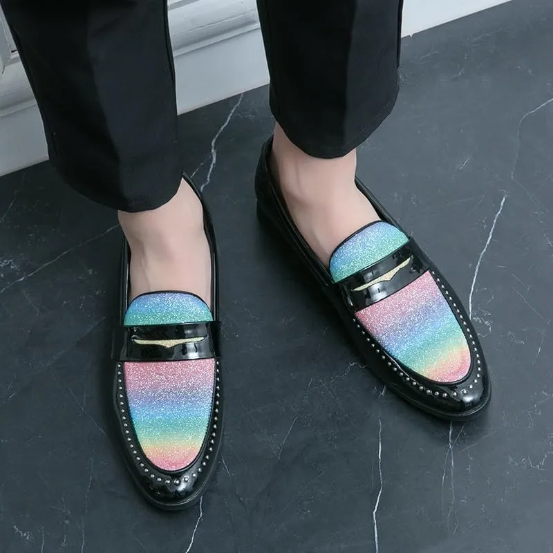 New Dress Formal Shoes for Men Slip On Pointed Toe Two Tone Faux Leather Studs Decoration Apron Toe Penny Loafer Rubber Sole Anti-Slip Non Slip Working