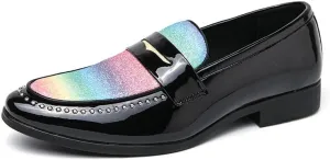 New Dress Formal Shoes for Men Slip On Pointed Toe Two Tone Faux Leather Studs Decoration Apron Toe Penny Loafer Rubber Sole Anti-Slip Non Slip Working
