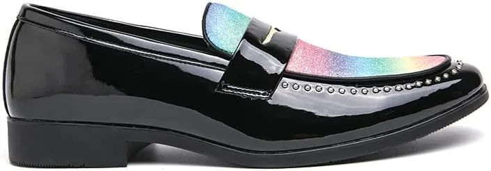 New Dress Formal Shoes for Men Slip On Pointed Toe Two Tone Faux Leather Studs Decoration Apron Toe Penny Loafer Rubber Sole Anti-Slip Non Slip Working
