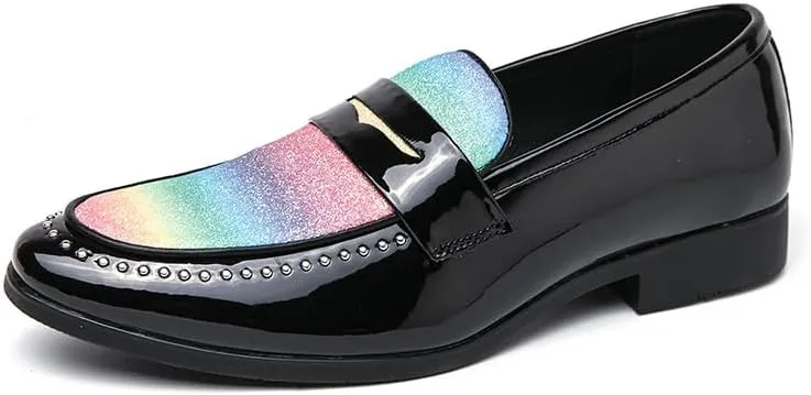 New Dress Formal Shoes for Men Slip On Pointed Toe Two Tone Faux Leather Studs Decoration Apron Toe Penny Loafer Rubber Sole Anti-Slip Non Slip Working
