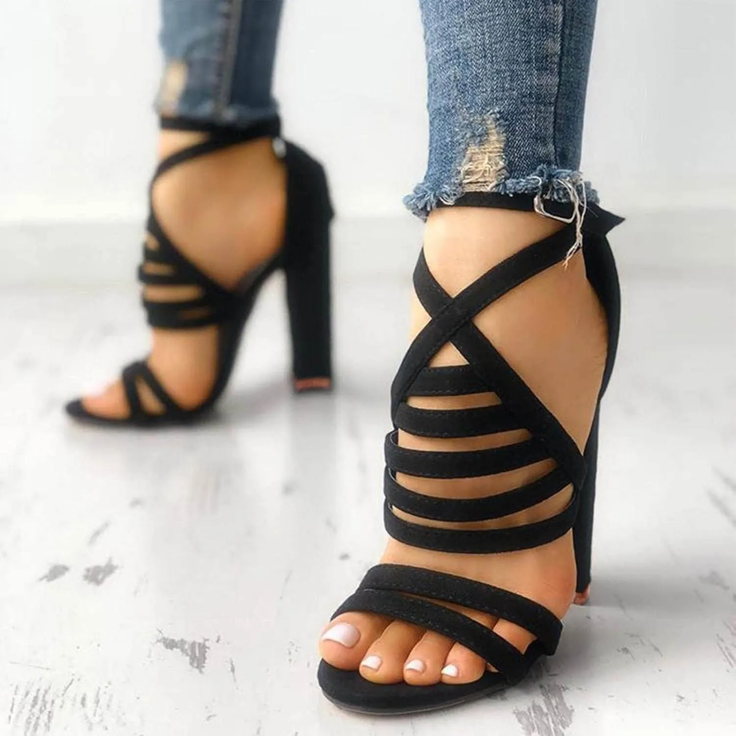 oiangi Chunky Heeled Sandals for Womens Trendy Summer Fish Mouth Peep Toe Ankle Straps Hollow Buckle Thick Heel Sandals Comfy Casual Ladies High Heels Shoes