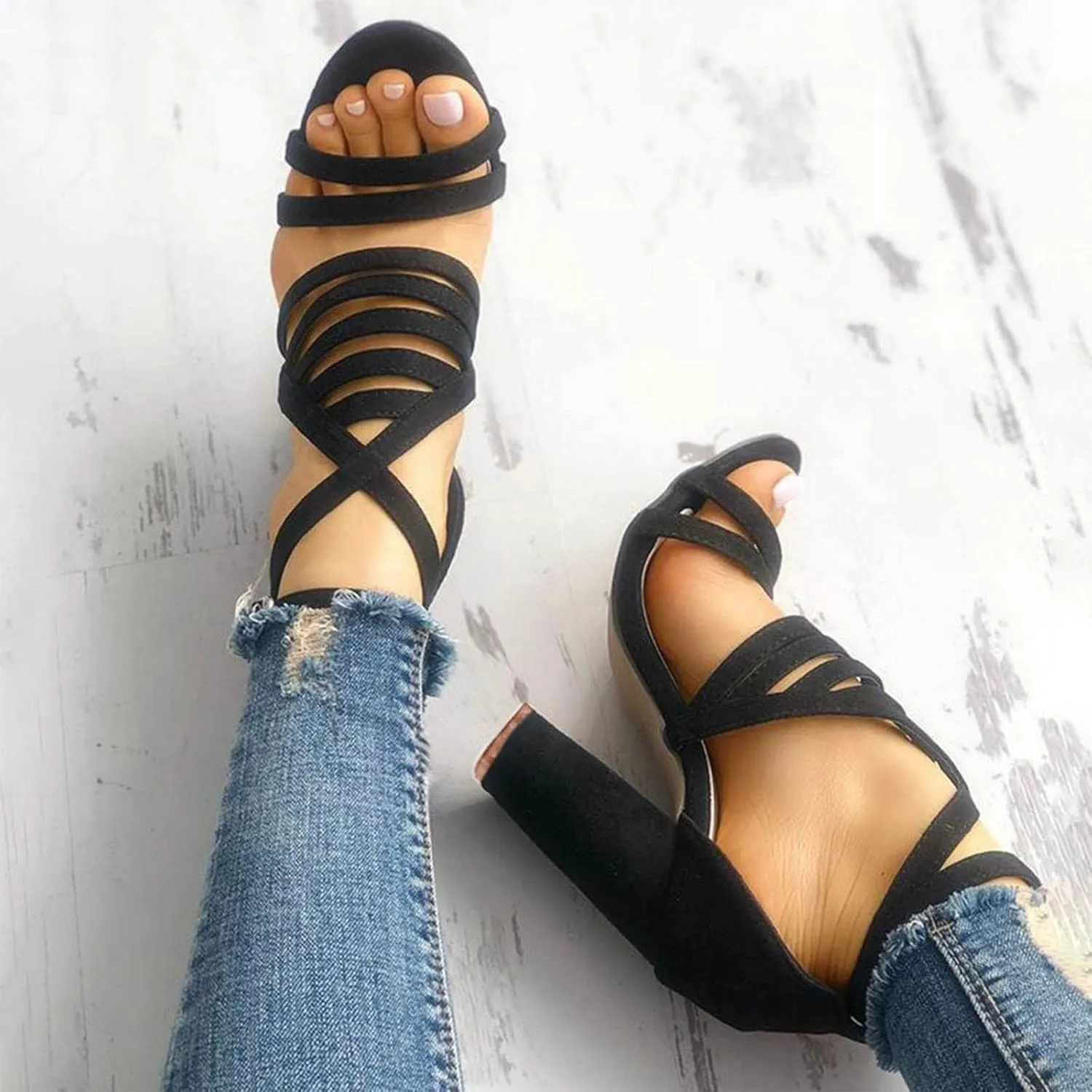 oiangi Chunky Heeled Sandals for Womens Trendy Summer Fish Mouth Peep Toe Ankle Straps Hollow Buckle Thick Heel Sandals Comfy Casual Ladies High Heels Shoes