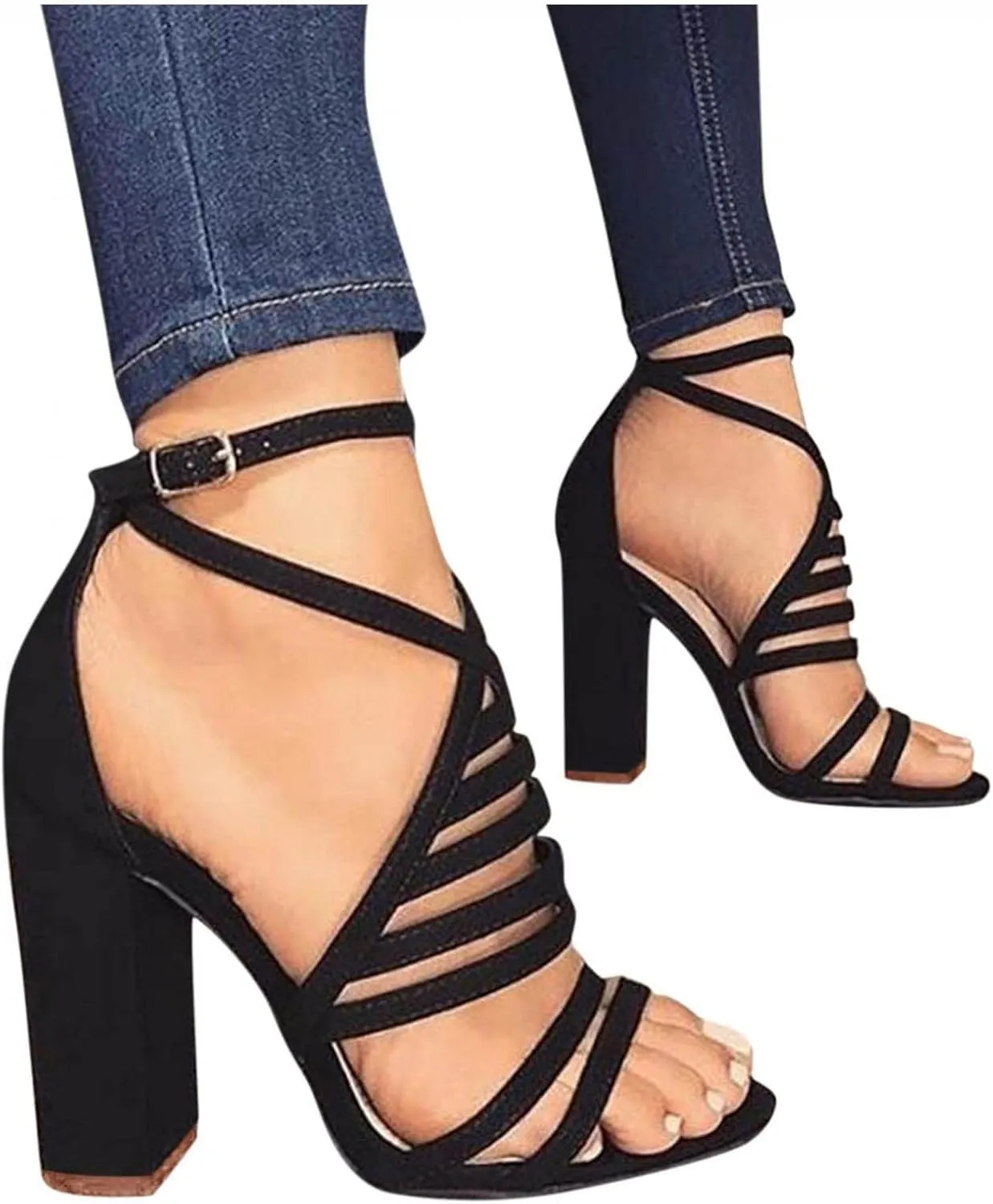 oiangi Chunky Heeled Sandals for Womens Trendy Summer Fish Mouth Peep Toe Ankle Straps Hollow Buckle Thick Heel Sandals Comfy Casual Ladies High Heels Shoes