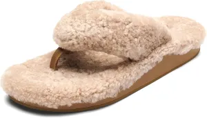 OLUKAI Kipe'a Heu Women's Sandal Slippers, Soft & Comfortable Shearling-Wrapped Straps, Durable RUbber Outsoles for All-Day Wear, Causal & Cute Everyday Style, Tan/Tan, 11