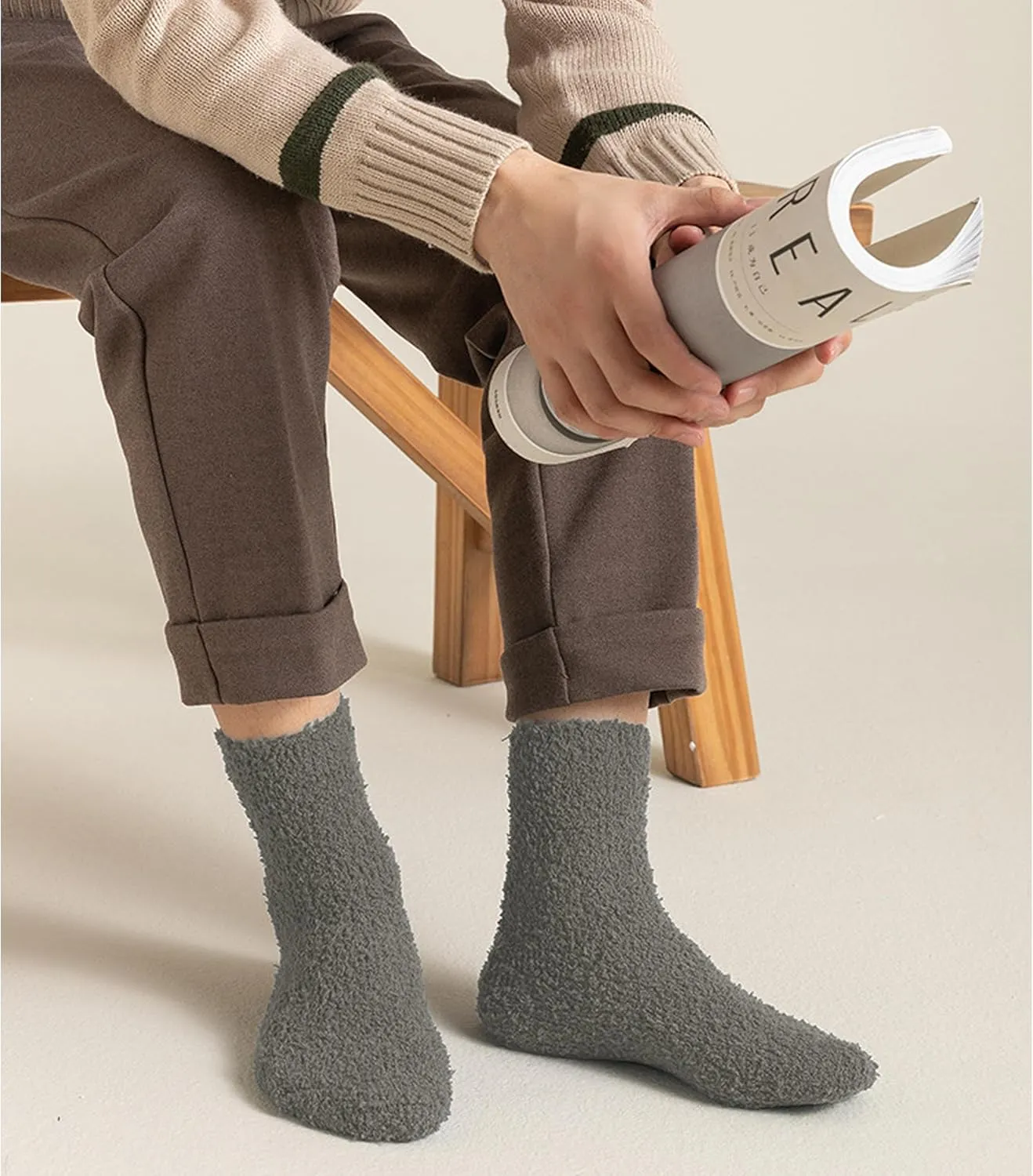 OVOV White Fuzzy Fluffy Warm Cozy Slipper Socks for Men - Soft Comfy Fleece Sleep Socks