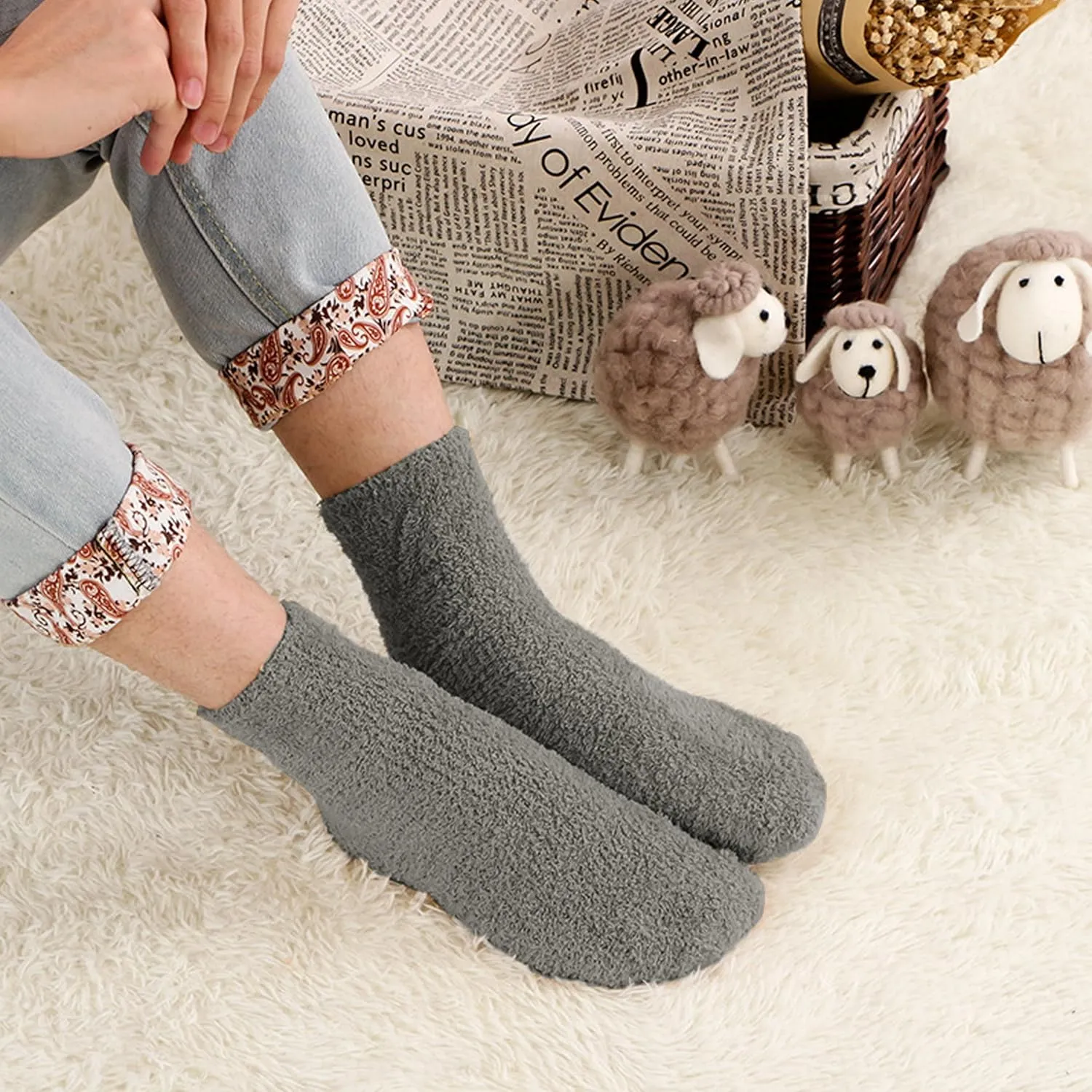 OVOV White Fuzzy Fluffy Warm Cozy Slipper Socks for Men - Soft Comfy Fleece Sleep Socks