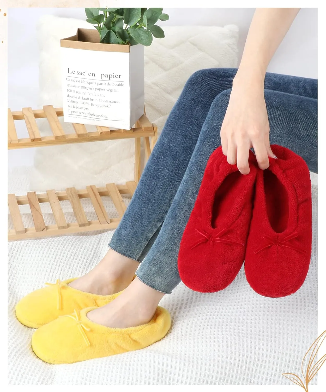Panda Bros 2 Pairs Women's Ballerina House Slippers, Anti-Skid Comfy Warm Ballet Style Slippers
