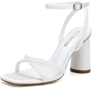Pearl Heels Strappy Bridal Shoes Block Heel Wedding Sandals Open Toe Wedding Shoes for Bride