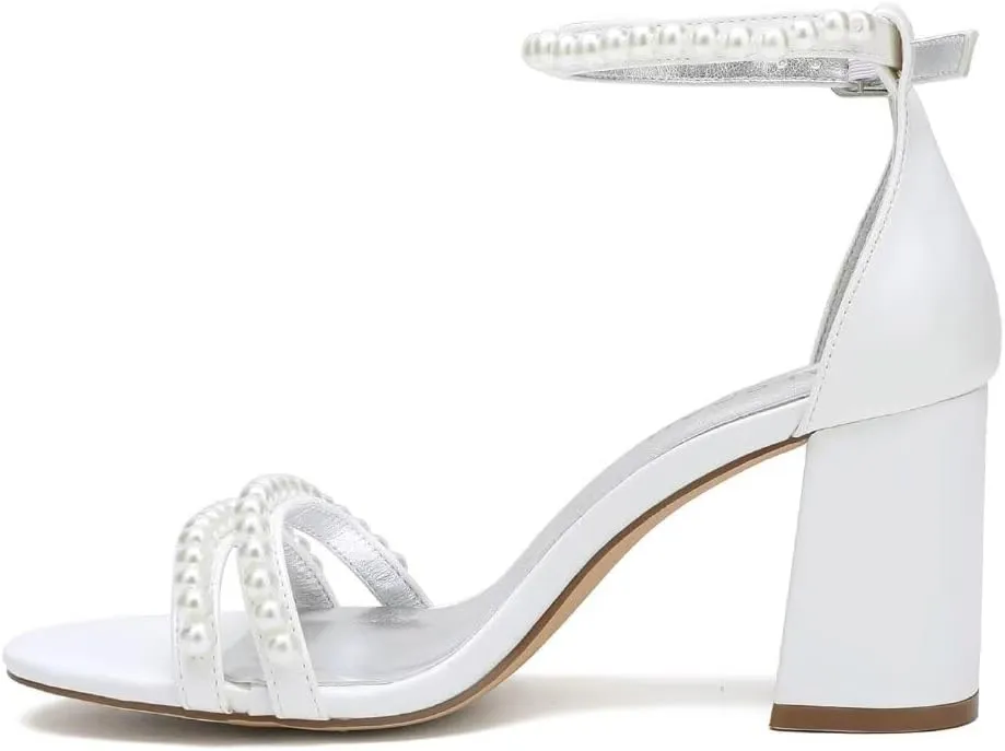 Pearl Heels Wedding Shoes for Bride Open Toe Wedding Sandals Block Heel Bridal Shoes