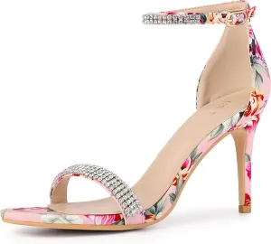 Perphy Rhinestone Strap Floral Print Stiletto Heels Sandals for Women