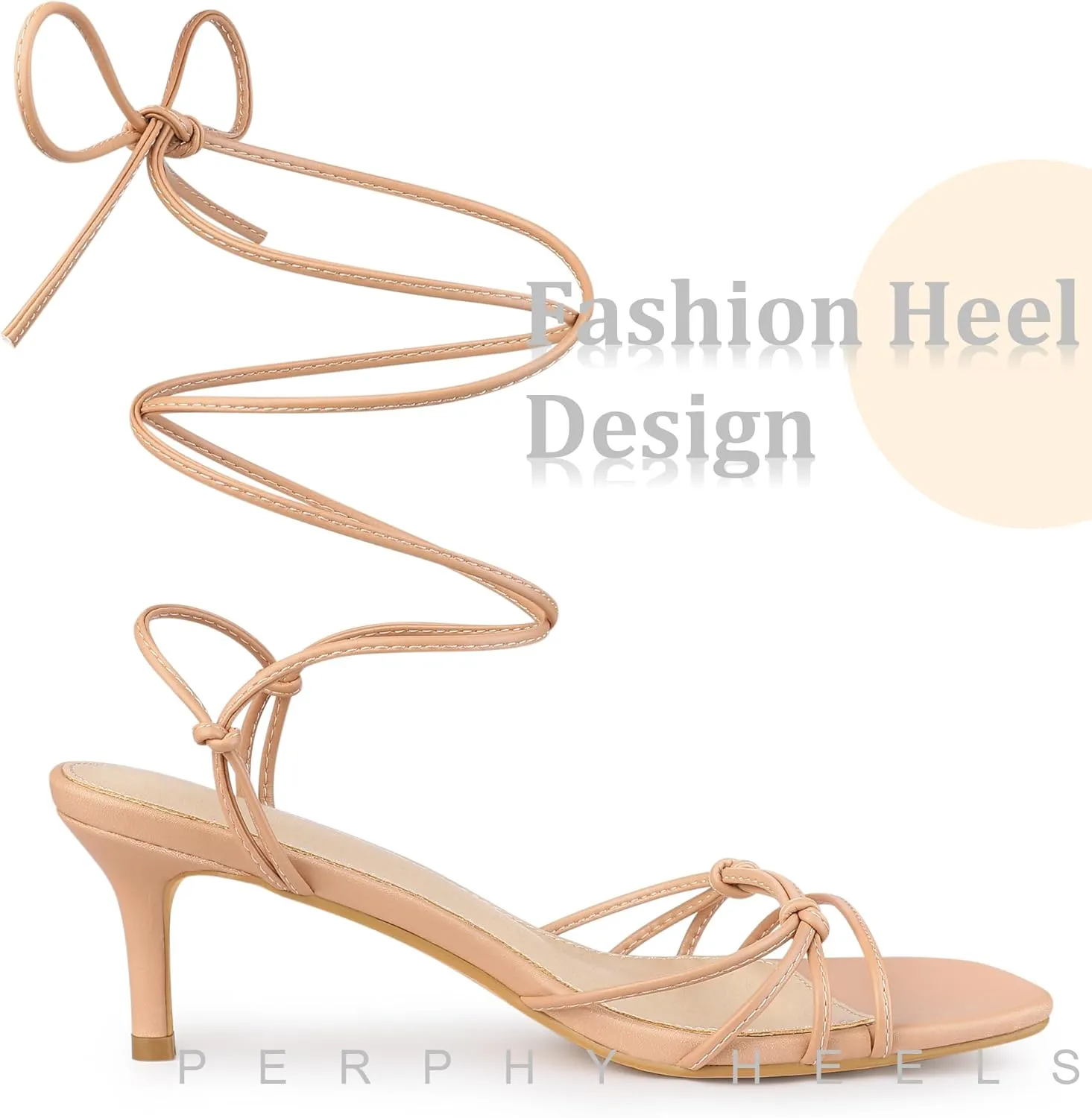 Perphy Strappy Kitten Heel Lace Up Square Toe Strappy Heels Sandals for Women