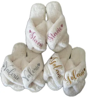 Personalized Fluffy Slippers, Name Gifts for Women, Bridal Party Gifts, Mothers Day Gift Box Ideas for Mom, Girlfriend, Bridesmaid Slippers Gifts, Wedding Party Presents (ivory S)