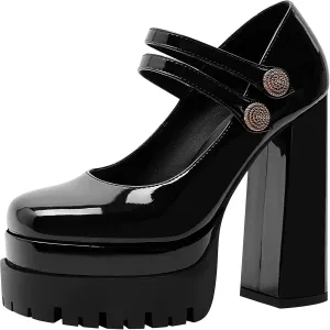 Platform Mary Janes Pumps Square Toe Chunky Block Heels 5 inch High Wedding Party Shoes for Women