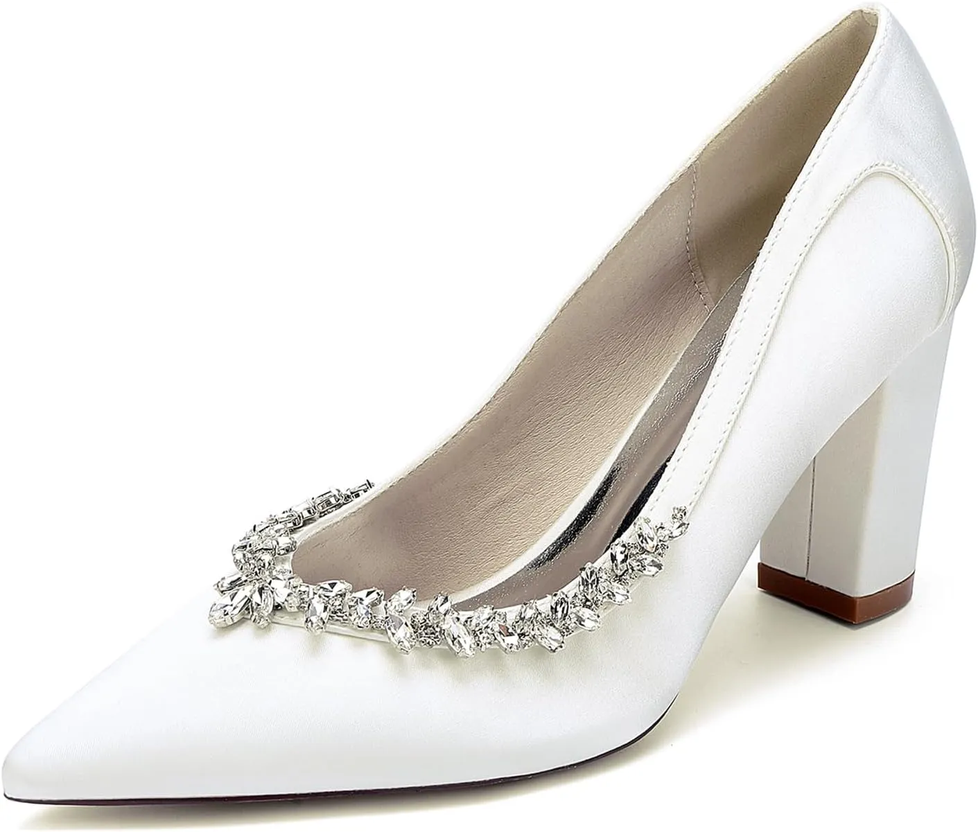 Pointed Toe Chunky Heels for Women Slip on Comfortable Dress Shoes Satin Rhinestones Pumps Sandals for Prom, Work, Wedding