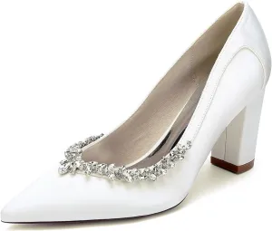 Pointed Toe Chunky Heels for Women Slip on Comfortable Dress Shoes Satin Rhinestones Pumps Sandals for Prom, Work, Wedding
