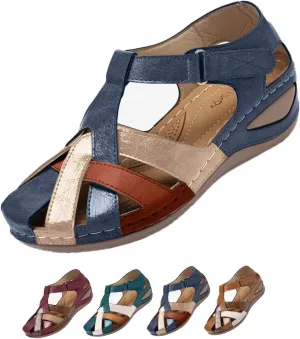 PU Leather Women's Orthopedic Anti-Slip Vintage Cross Belt Wedge Gladiator Outdoor Hollow Out Sandals