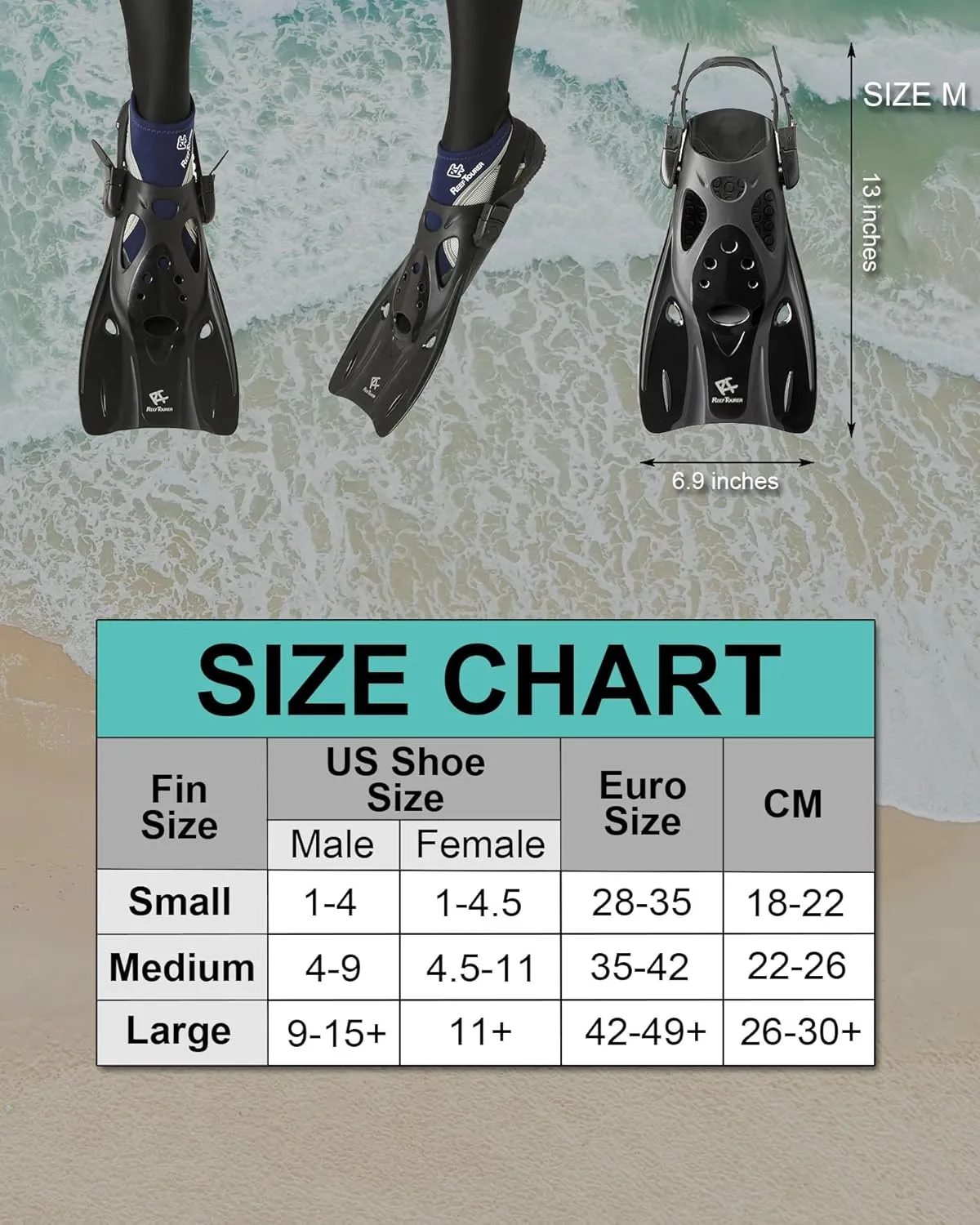 RF0106P Snorkel Fins for Kids and Adults, Adjustable Open Heel, Compact Short Blade Swimming Snorkeling Flippers, Travel Size