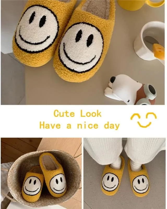 rosyclo Smile Face Slippers, Women's Retro Soft Cute Indoor Outdoor Happy Face Shoes, Cozy Trendy Plush Comfy Warm Fluffy Slip-on Home Slipper for Women Men