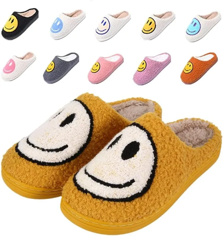 rosyclo Smile Face Slippers, Women's Retro Soft Cute Indoor Outdoor Happy Face Shoes, Cozy Trendy Plush Comfy Warm Fluffy Slip-on Home Slipper for Women Men
