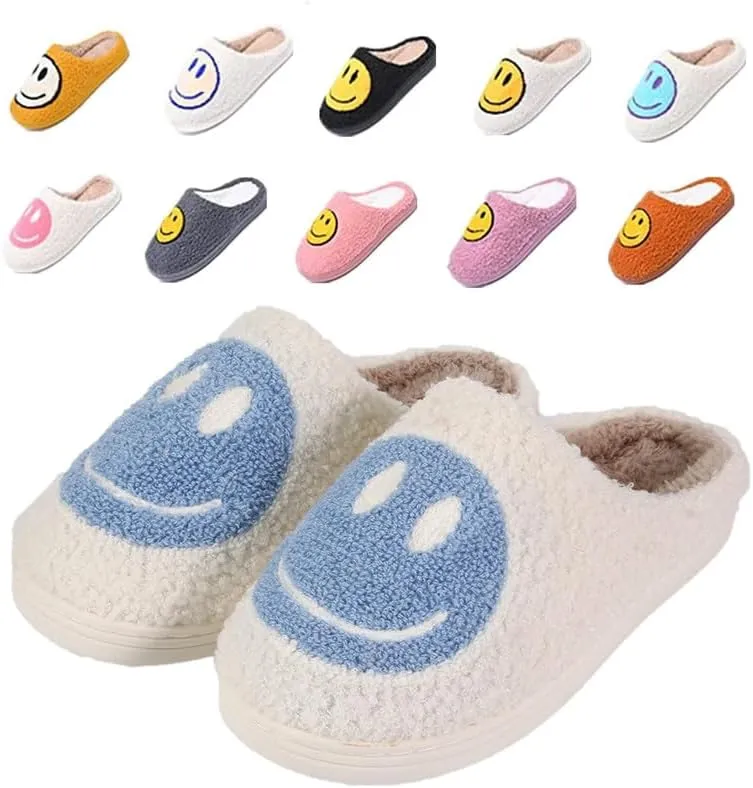 rosyclo Smile Face Slippers, Women's Retro Soft Cute Indoor Outdoor Happy Face Shoes, Cozy Trendy Plush Comfy Warm Fluffy Slip-on Home Slipper for Women Men