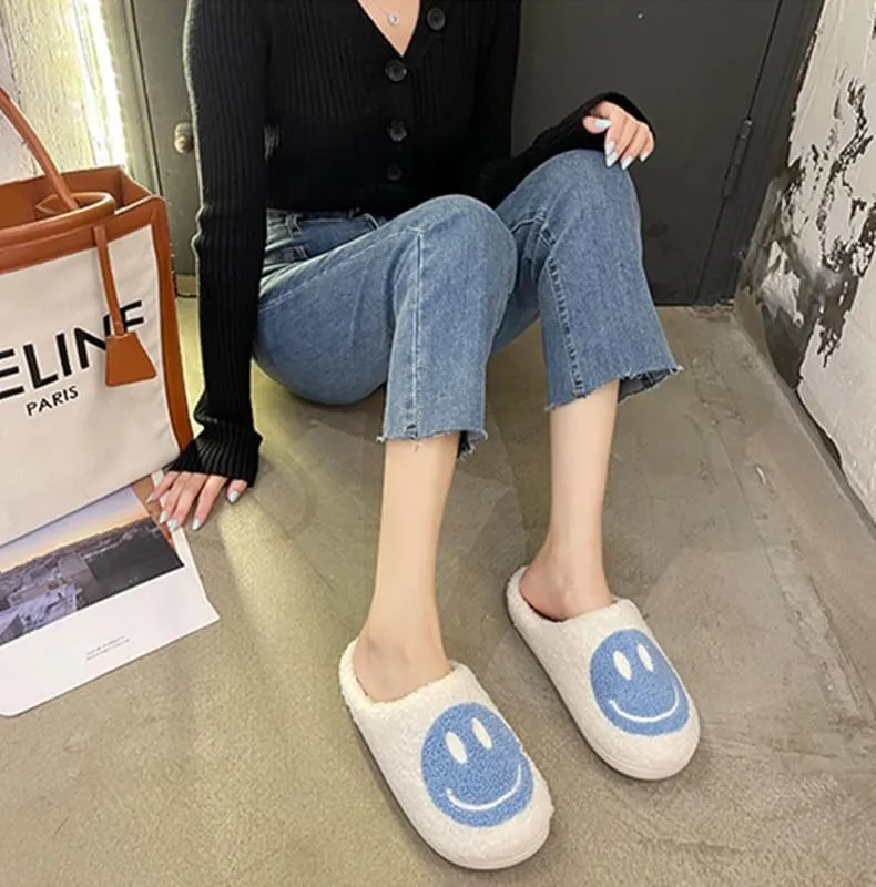 rosyclo Smile Face Slippers, Women's Retro Soft Cute Indoor Outdoor Happy Face Shoes, Cozy Trendy Plush Comfy Warm Fluffy Slip-on Home Slipper for Women Men