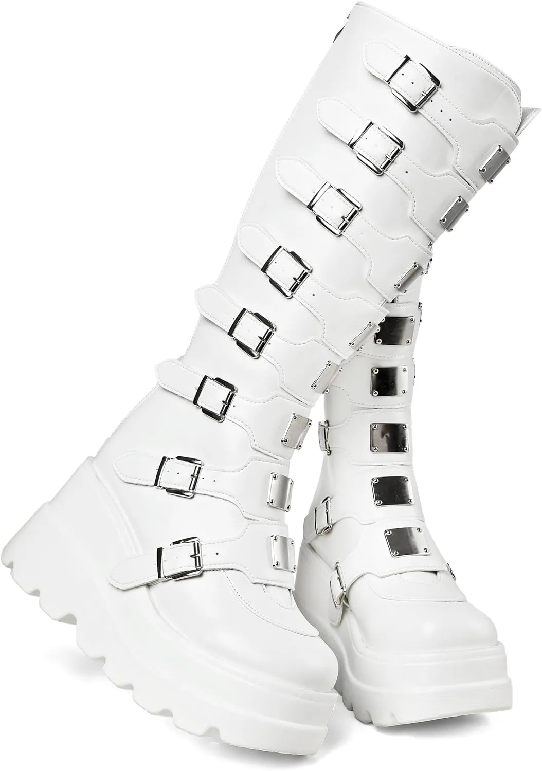 SACFOF Women's Platform Mid Calf Boots,Winter Chunky High Heel Wedge Boots Goth Zip Buckles Combat Round Toe Motorcycle Boots
