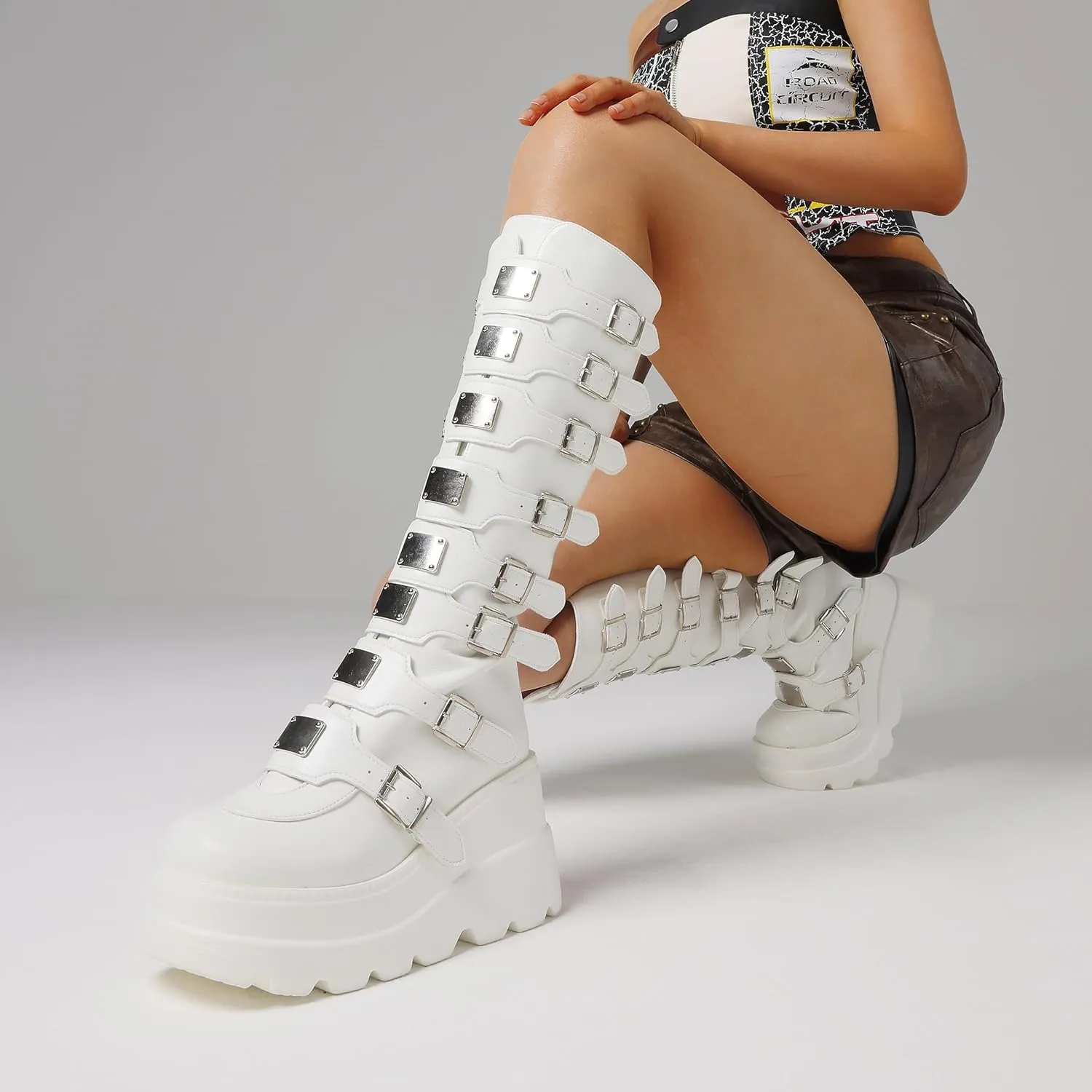 SACFOF Women's Platform Mid Calf Boots,Winter Chunky High Heel Wedge Boots Goth Zip Buckles Combat Round Toe Motorcycle Boots