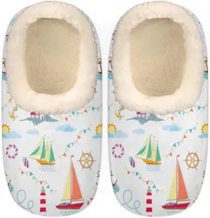 Sailboat Anchor Women's Slippers, Lighthouse Soft Cozy Plush Lined House Slipper Shoes Indoor Non-Slip Slippers for Women Girls Boys Teenager