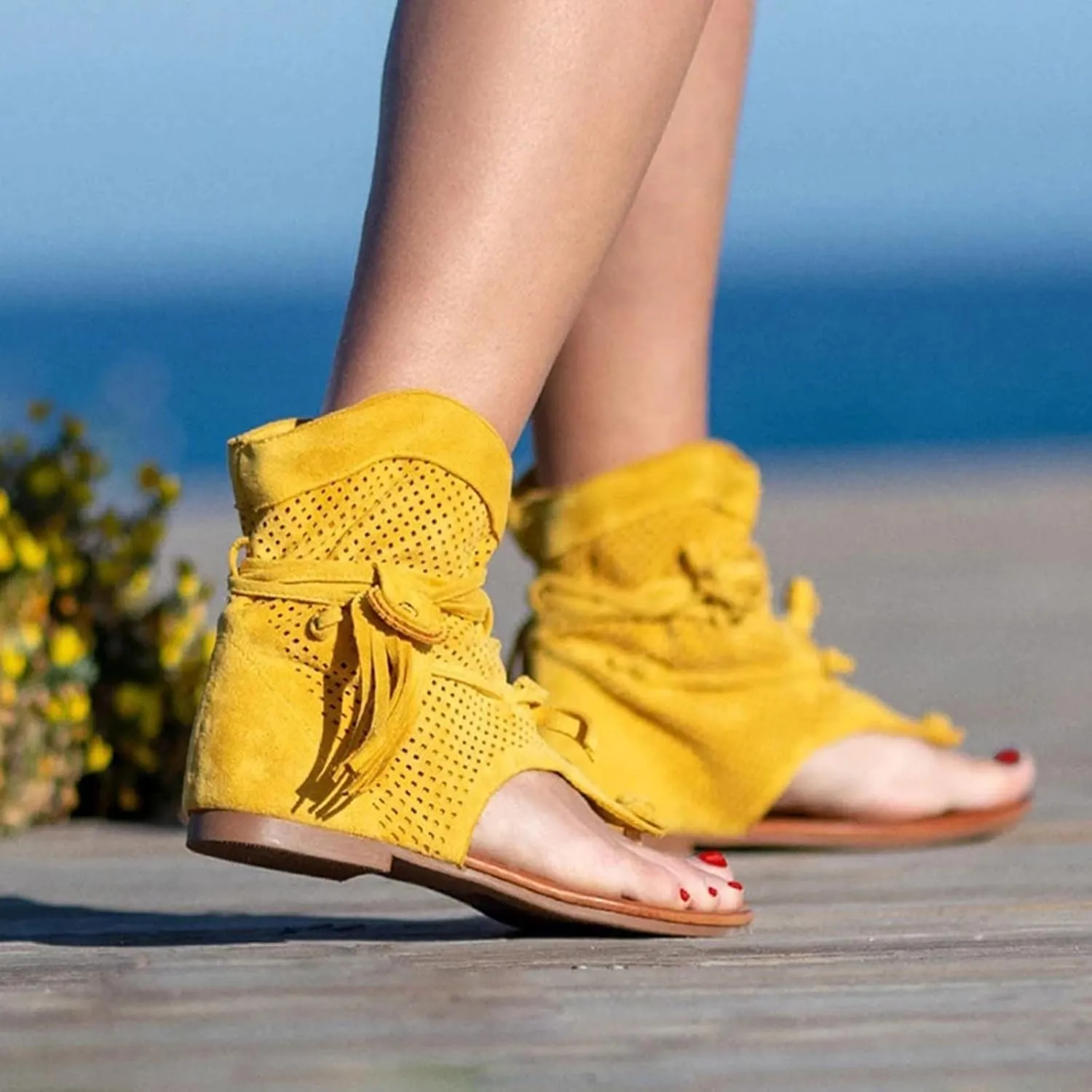 Sandals for Women Dressy Summer Flat Vintage Clip Toe Flip Flops Boho Fringe Tassel Sandals 2023 Bohemian Retro Casual Roman Beach Shoes Boots