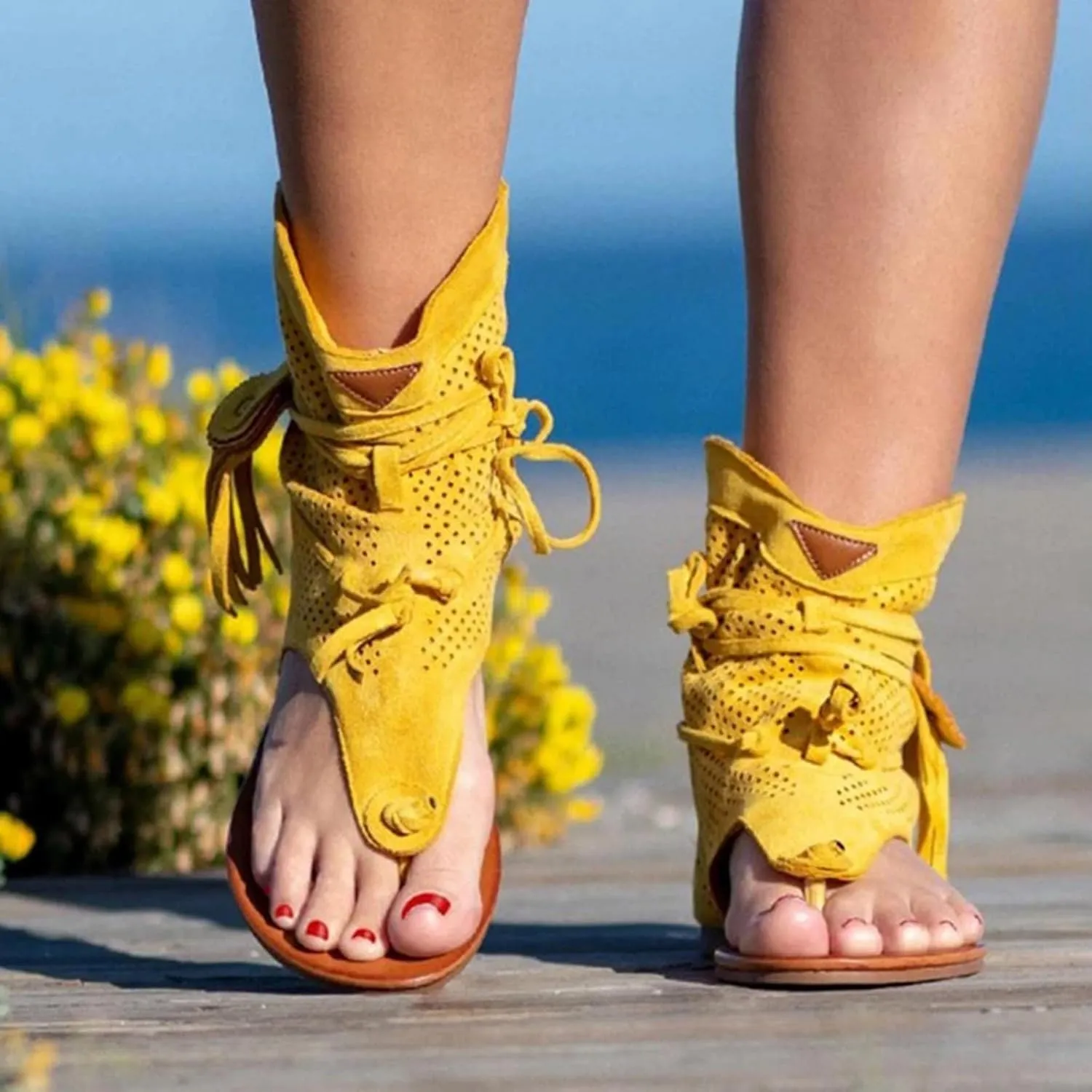Sandals for Women Dressy Summer Flat Vintage Clip Toe Flip Flops Boho Fringe Tassel Sandals 2023 Bohemian Retro Casual Roman Beach Shoes Boots