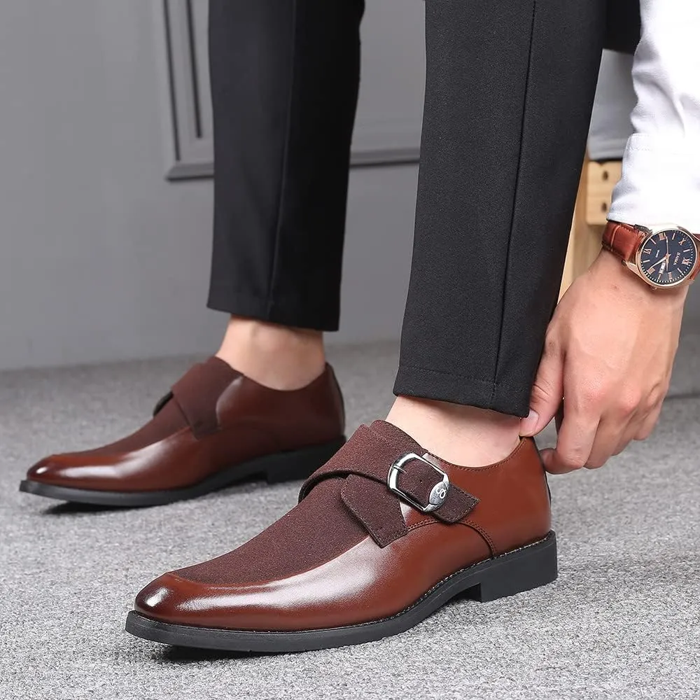 Santimon Mens Leather Monk Strap Slip-On Oxfords Formal Loafer Square Toe Classic Casual Shoes