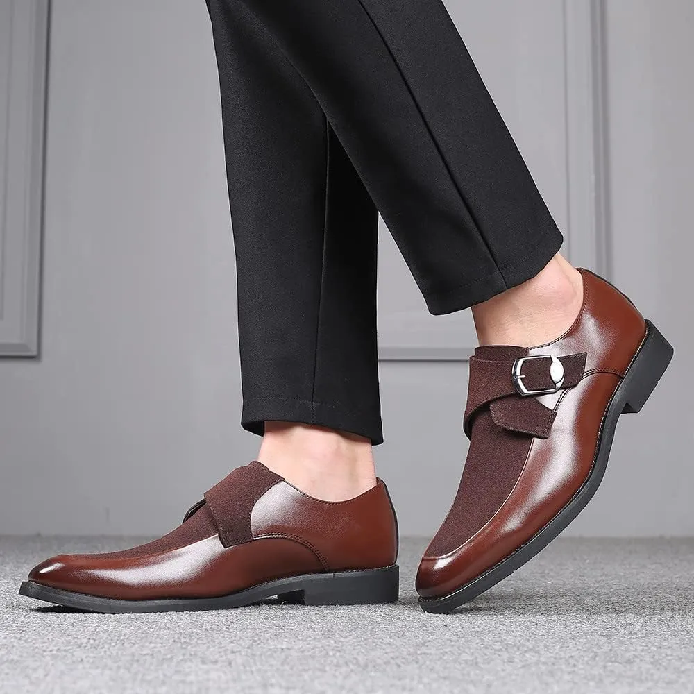 Santimon Mens Leather Monk Strap Slip-On Oxfords Formal Loafer Square Toe Classic Casual Shoes