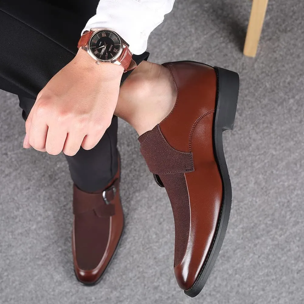 Santimon Mens Leather Monk Strap Slip-On Oxfords Formal Loafer Square Toe Classic Casual Shoes