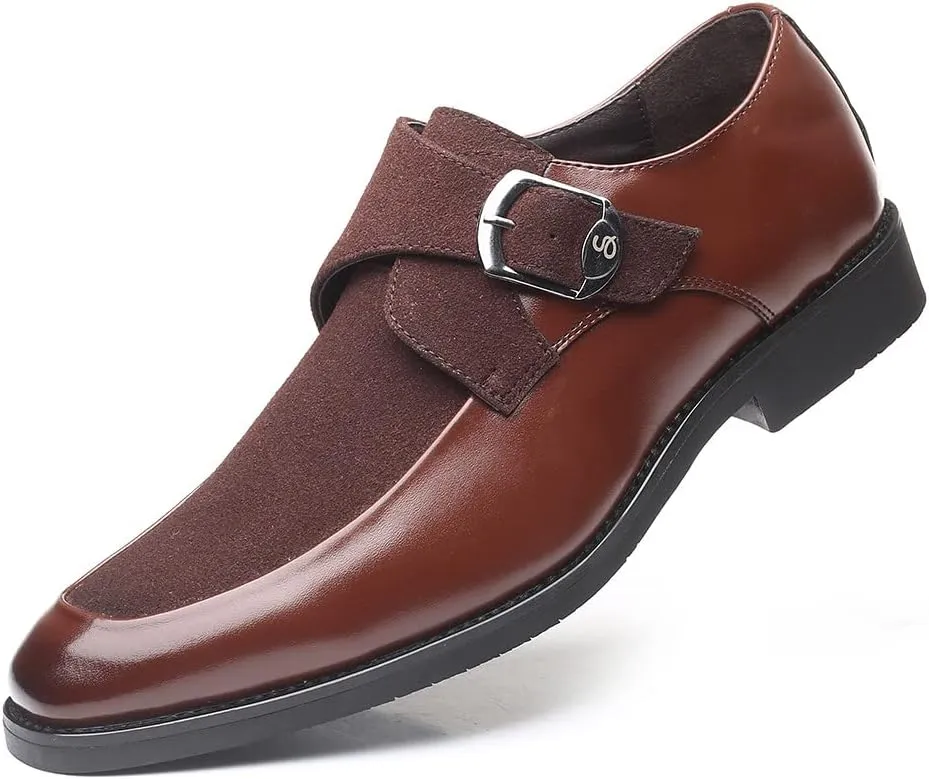 Santimon Mens Leather Monk Strap Slip-On Oxfords Formal Loafer Square Toe Classic Casual Shoes