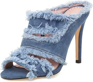SaraIris Women's Ankle strap Stiletto Peep Toe Back Zipper High Heels Denim Sandals Casual Daily Shoes