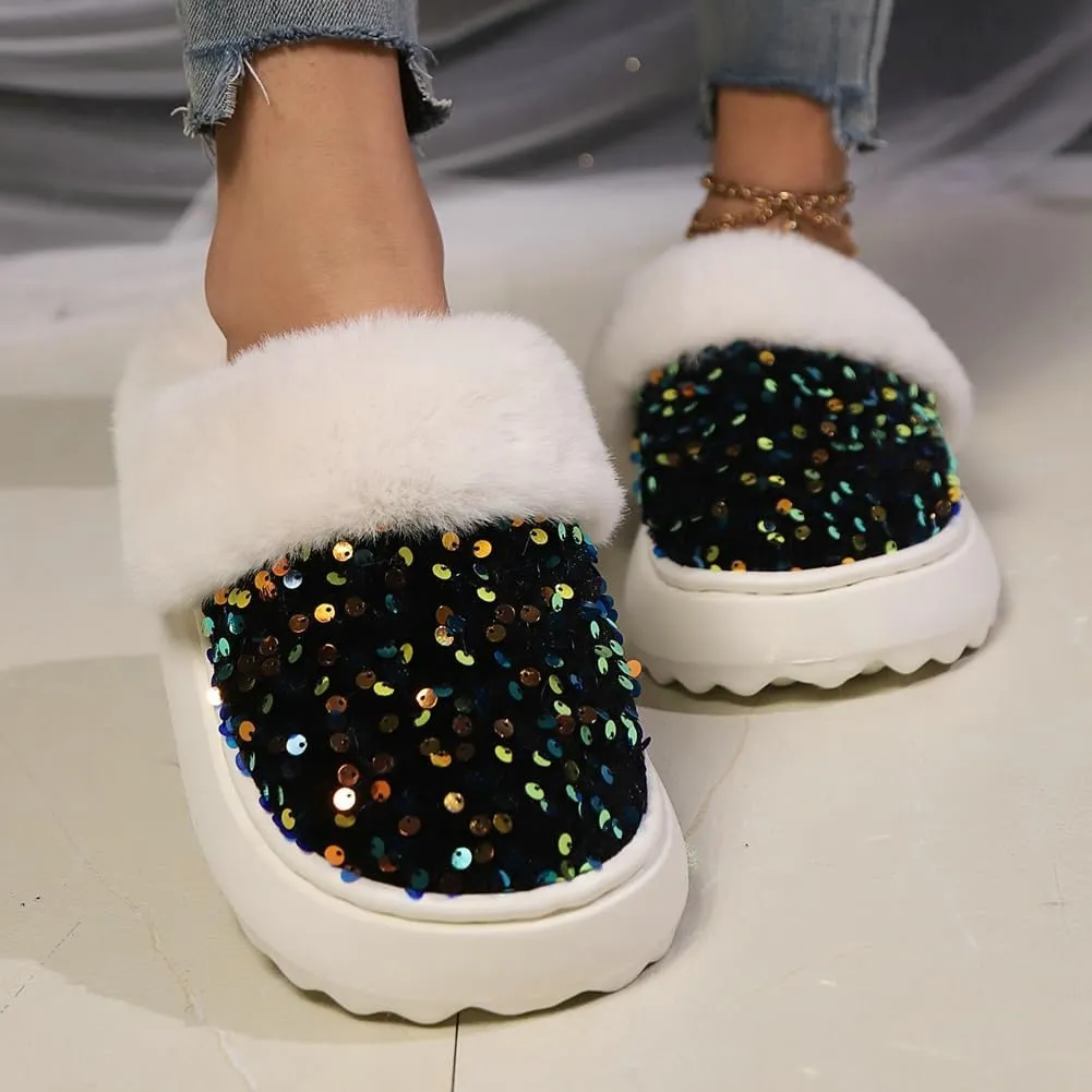 Sequins Slippers for Women Fuzzy Slipper Closed Toe Warm Shoes Faux Fur Comfy Winter House Shoes Indoor Outdoor