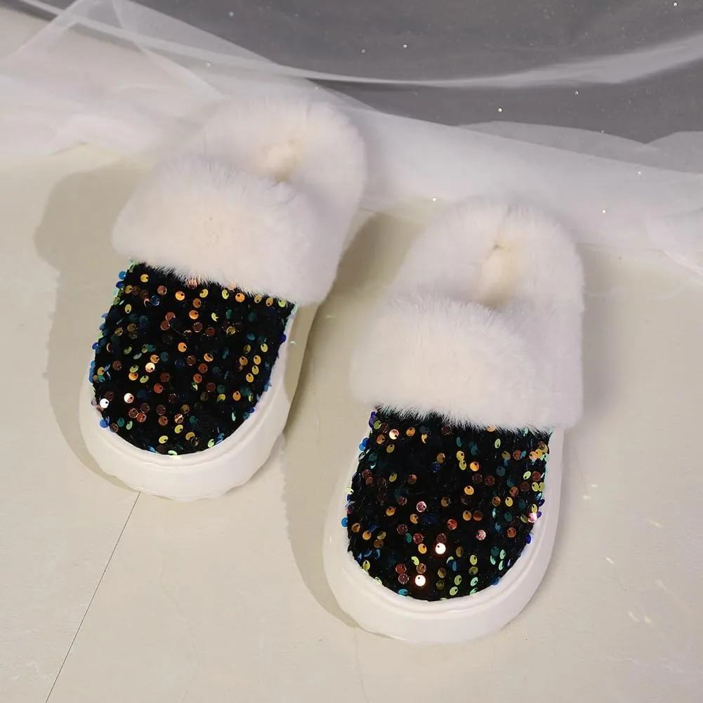 Sequins Slippers for Women Fuzzy Slipper Closed Toe Warm Shoes Faux Fur Comfy Winter House Shoes Indoor Outdoor