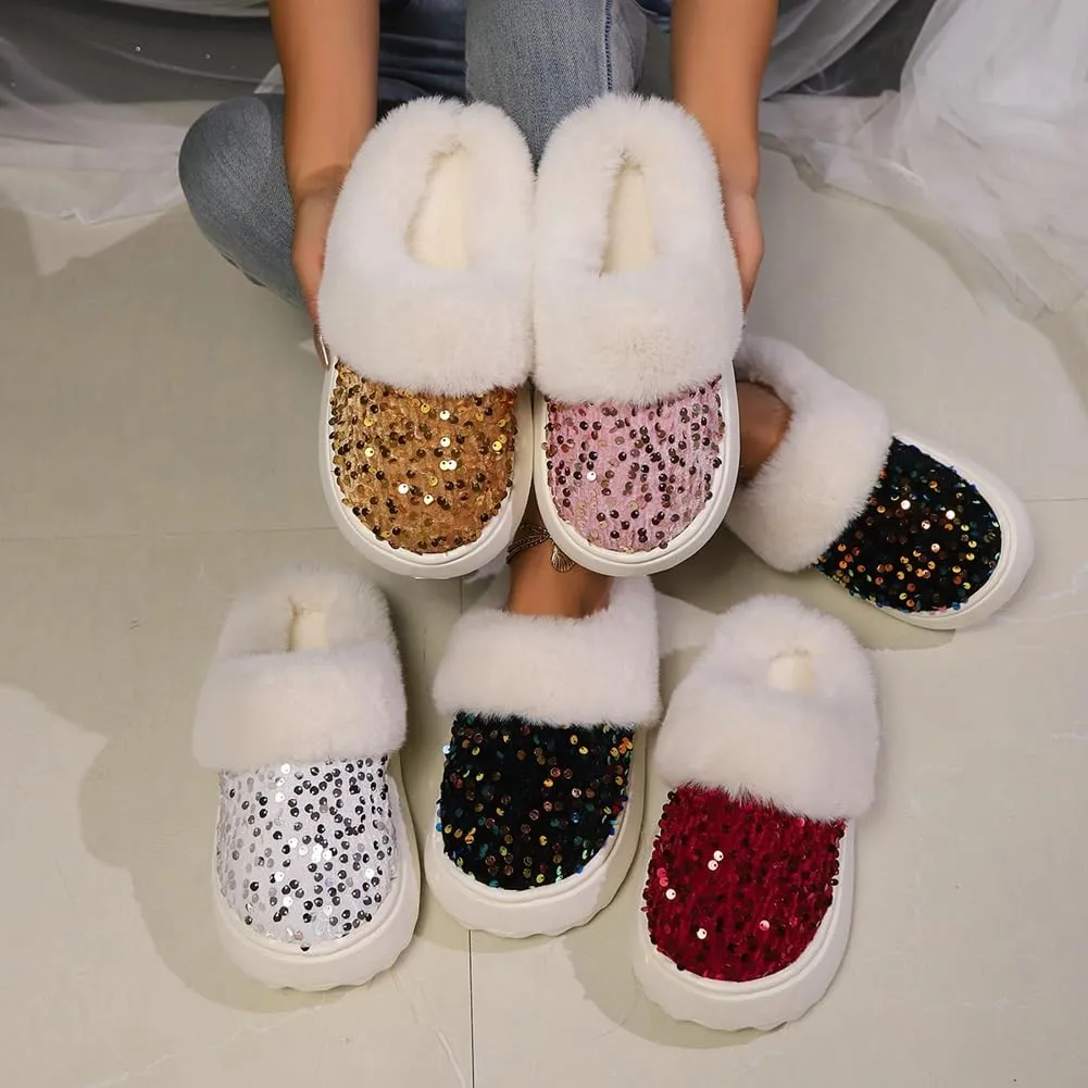 Sequins Slippers for Women Fuzzy Slipper Closed Toe Warm Shoes Faux Fur Comfy Winter House Shoes Indoor Outdoor