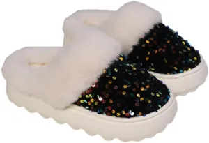 Sequins Slippers for Women Fuzzy Slipper Closed Toe Warm Shoes Faux Fur Comfy Winter House Shoes Indoor Outdoor