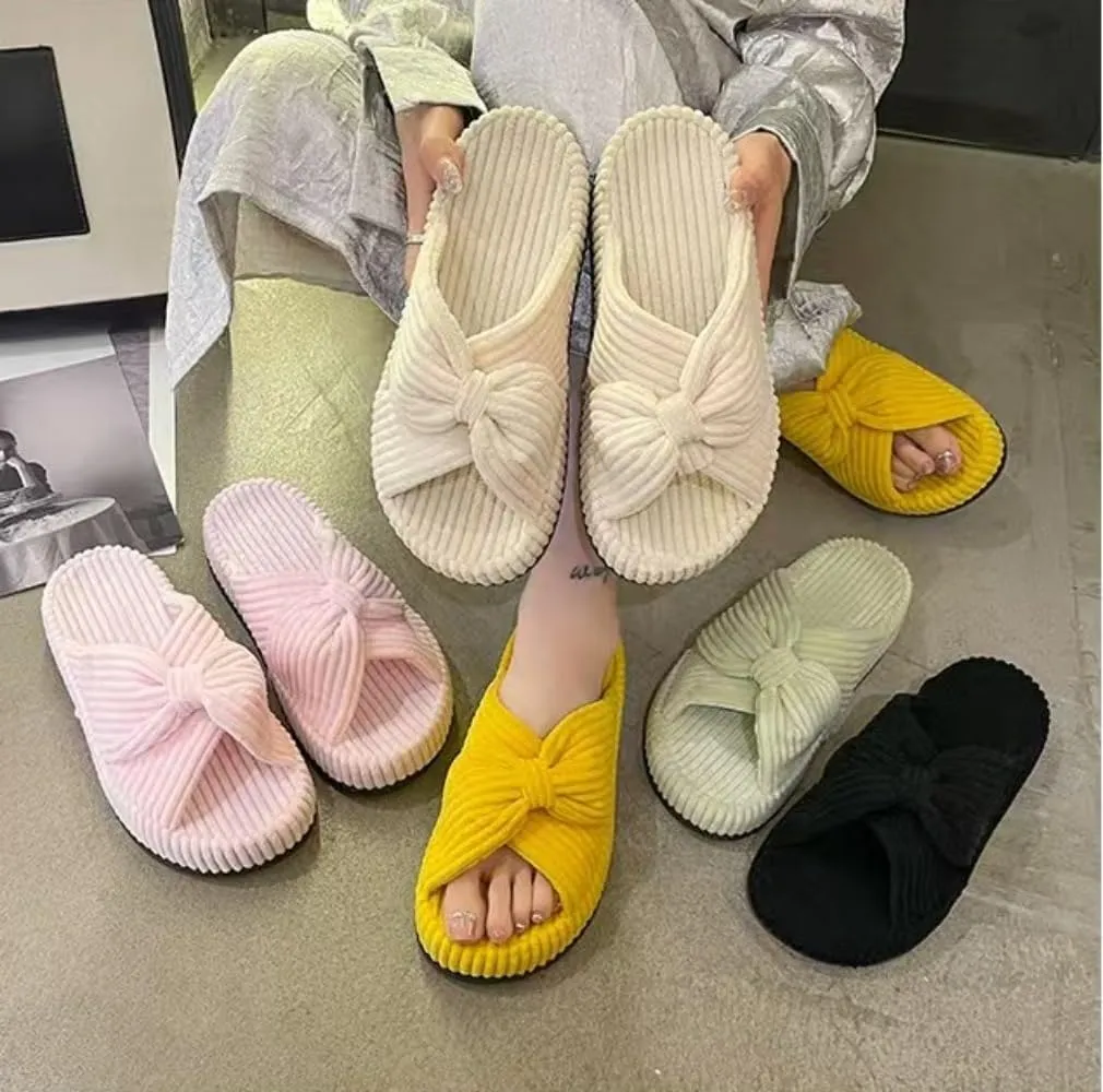 Slippers for Women Memory Foam House Bedroom Corduroy Bow Crossbands Slide Slipper Shoes Comfy Trendy Gift Slippers