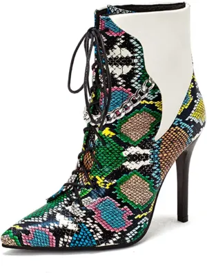 Snakeskin Pointed Toe Ankle Boots Stiletto High Heels Back Zipper Low Boots