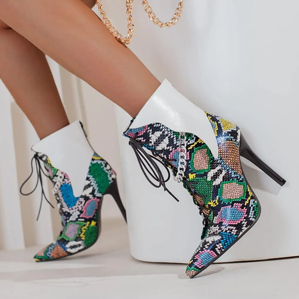 Snakeskin Pointed Toe Ankle Boots Stiletto High Heels Back Zipper Low Boots