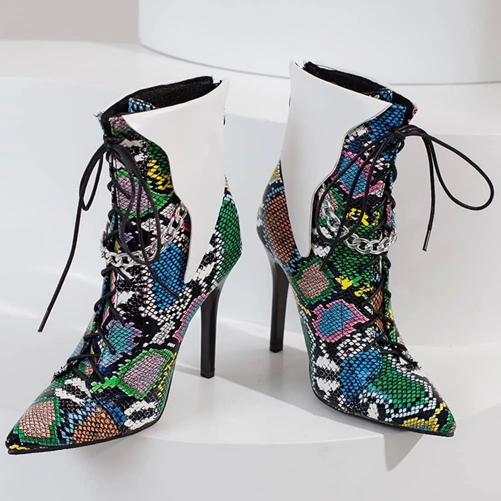 Snakeskin Pointed Toe Ankle Boots Stiletto High Heels Back Zipper Low Boots