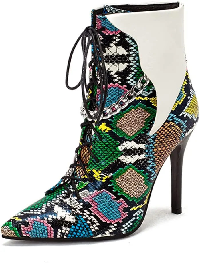 Snakeskin Pointed Toe Ankle Boots Stiletto High Heels Back Zipper Low Boots