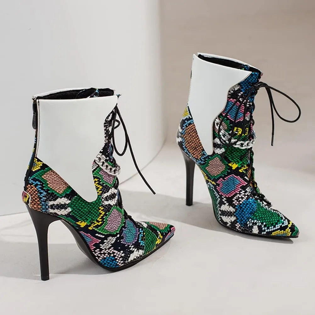 Snakeskin Pointed Toe Ankle Boots Stiletto High Heels Back Zipper Low Boots