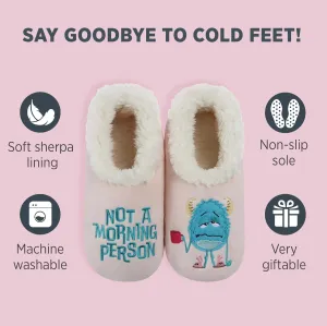 Snoozies Pairables Sherpa-lined Slipper Socks - Fuzzy and Cute Slippers for Women with Non-Slip Sole - Ladies Warm Slippers - Not A Morning Person - Medium