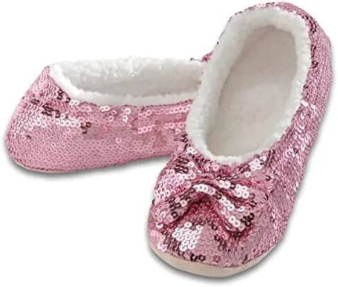 Snoozies Sequin Slippers for Women Indoor with Sherpa Lining, Womens Slipper Socks with Grips